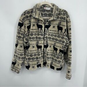 Vintage Lavon Sz L beige and Black Reindeer Sherpa Fleece jacket Mens